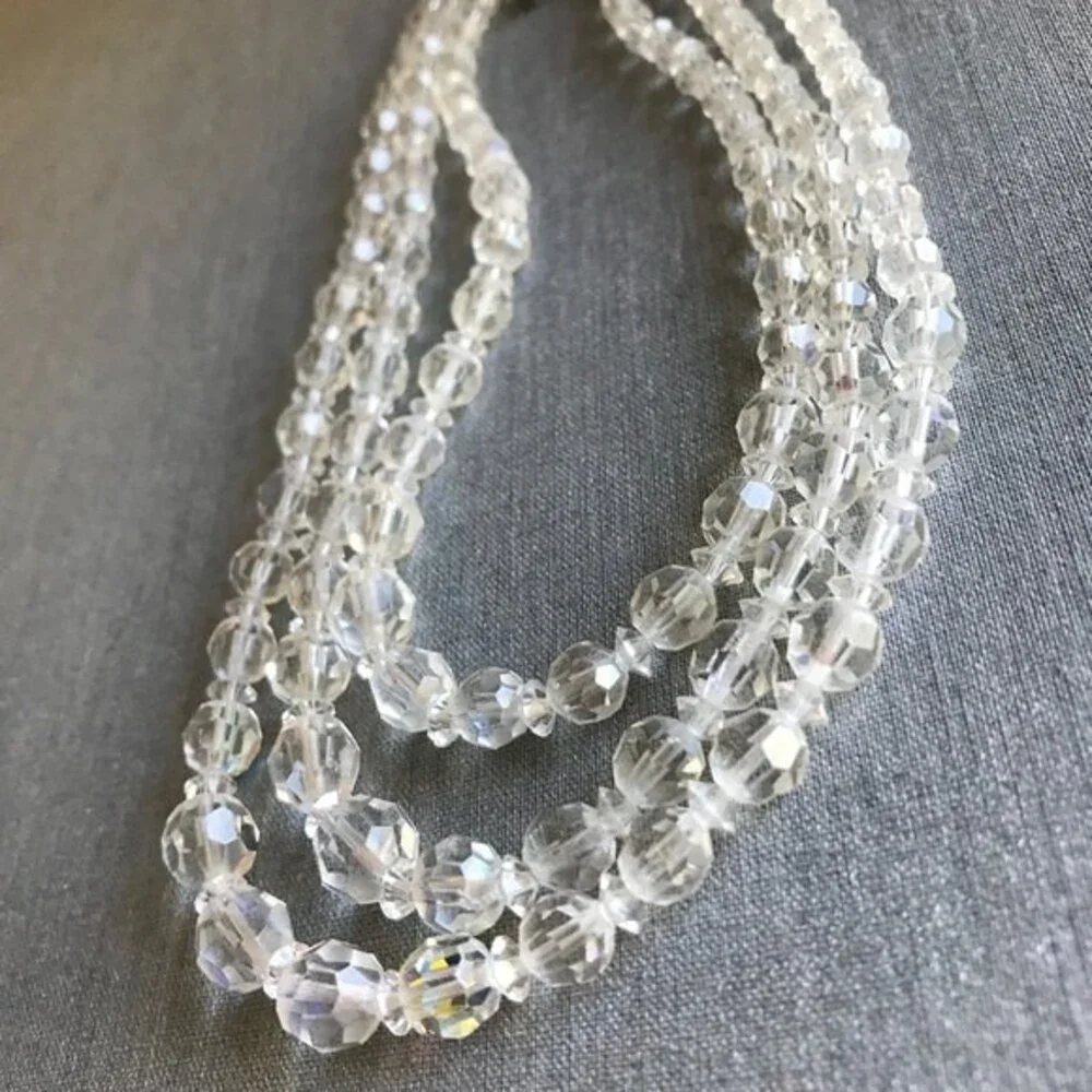 Vintage 3 Strand Aurora Borealis Crystal Necklace Rhinestone Extension 14-16 In